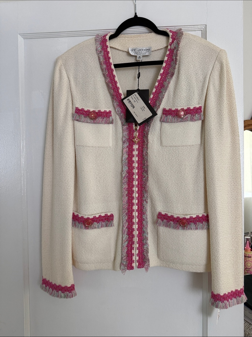 St. John Collection Cream Chanel Style Blazer with Pink Fringe Trim